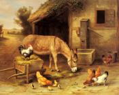 A Donkey And Chickens Outside A Stable - 埃德加·亨特